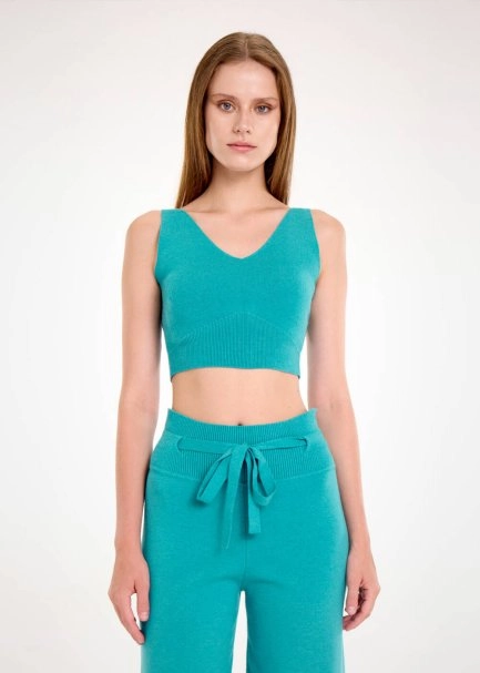 V NECK CROP TEAL KNIT TOP - 1