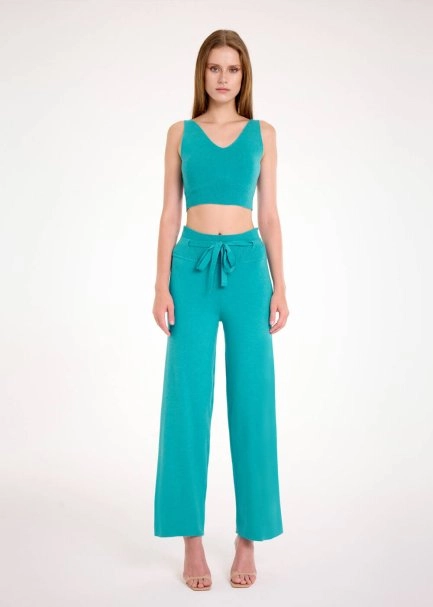 V NECK CROP TEAL KNIT TOP - 2