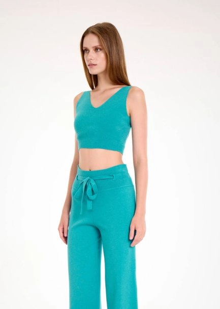 V NECK CROP TEAL KNIT TOP - 4