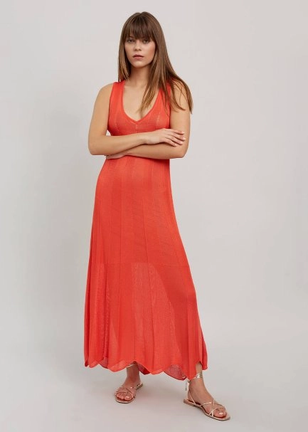 V Neck Sleeveless Long Coral Knit Dress - 1