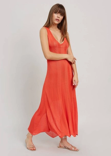 V Neck Sleeveless Long Coral Knit Dress - 2