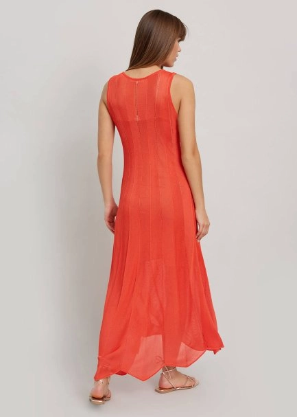 V Neck Sleeveless Long Coral Knit Dress - 3