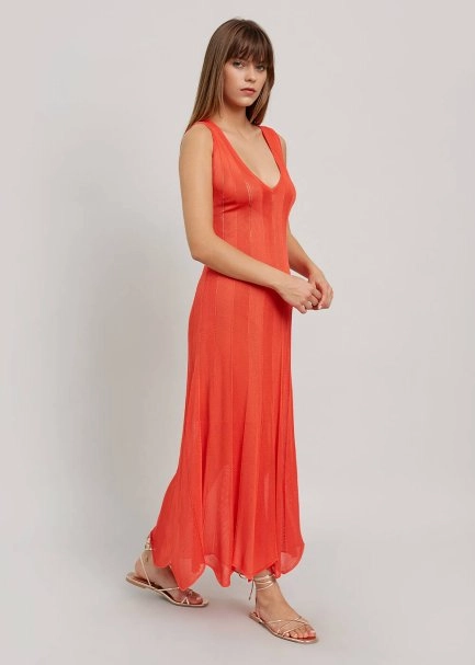 V Neck Sleeveless Long Coral Knit Dress - 4