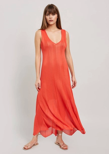 V Neck Sleeveless Long Coral Knit Dress - 5