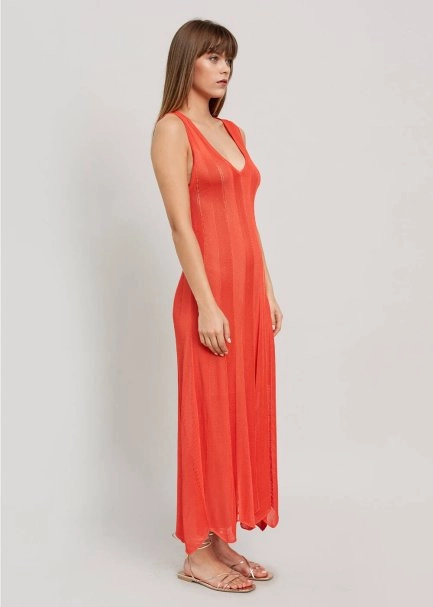 V Neck Sleeveless Long Coral Knit Dress - 6