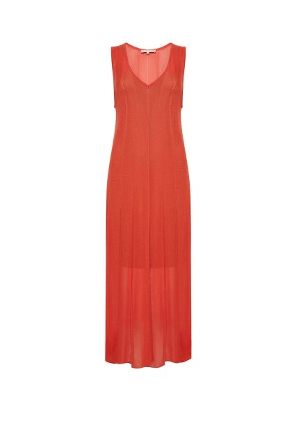 V Neck Sleeveless Long Coral Knit Dress - 8