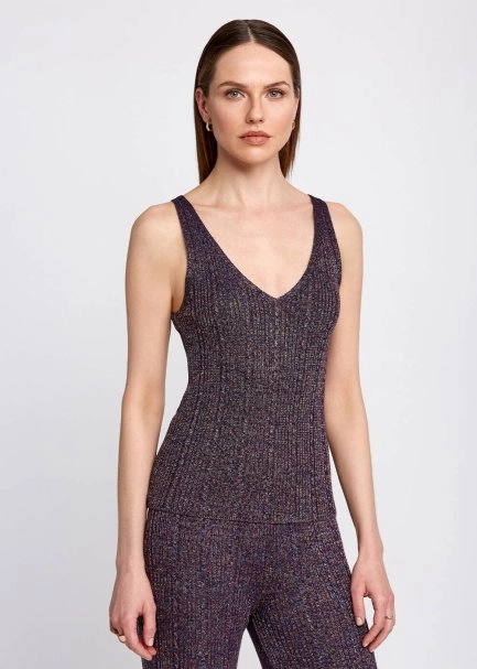 V Neck Sleeveless Purple Knit Top - 1