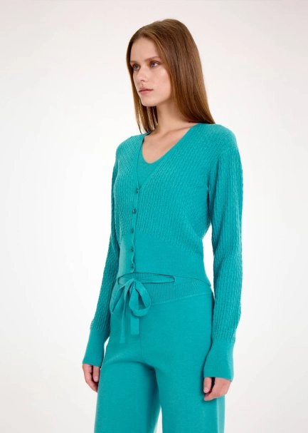 V NECK TEAL KNIT CARDIGAN - 3