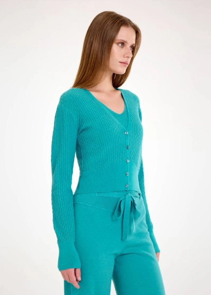V NECK TEAL KNIT CARDIGAN - 4