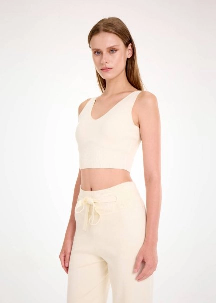 V Yaka Crop Krem Triko Üst - 3