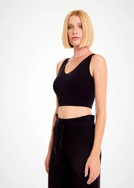 V Yaka Crop Siyah Triko Üst - 3