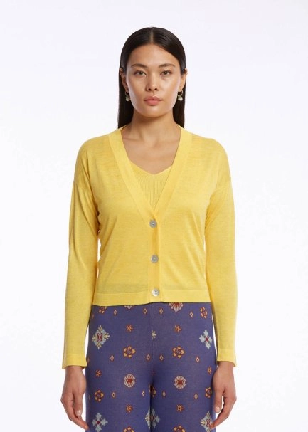 V Yaka Sarı Triko Hırka - 1