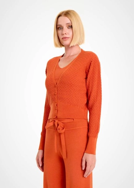 V Yaka Turuncu Triko Hırka - 3