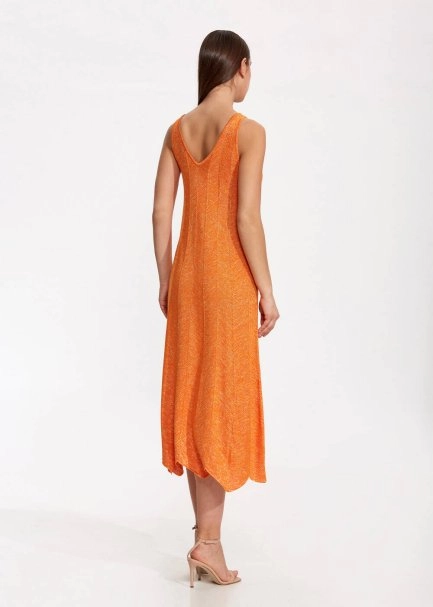 V Yaka Turuncu Uzun Triko Elbise - 4