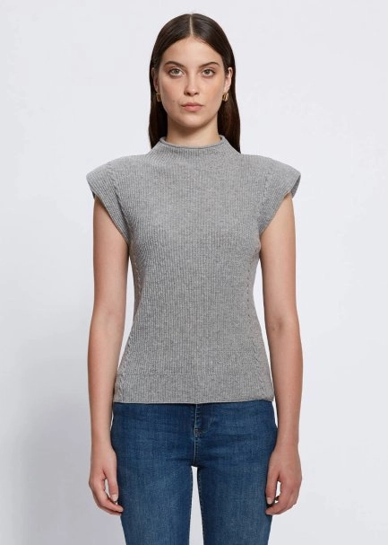 Vatka Detaylı Dik Yaka Kaşmir Gri Triko Üst - 1