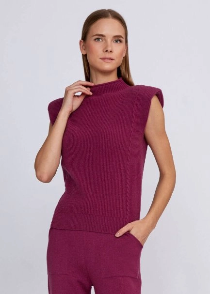 Vatka Detaylı Dik Yaka Kaşmir Pembe Triko Üst - 1