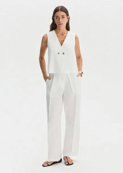 WHITE LINEN PLEATED PANTS - 2
