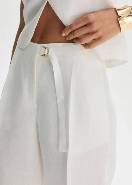 WHITE LINEN PLEATED PANTS - 3