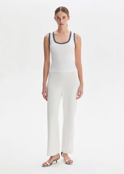 WHITE RIBBED DETAILED KNIT PANTS - 1