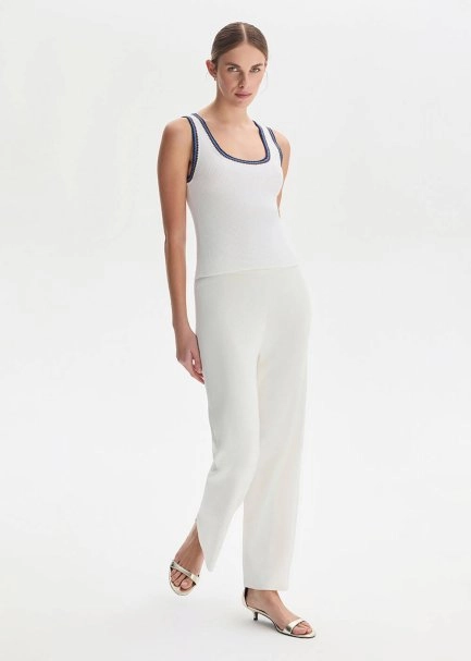 WHITE RIBBED DETAILED KNIT PANTS - 4