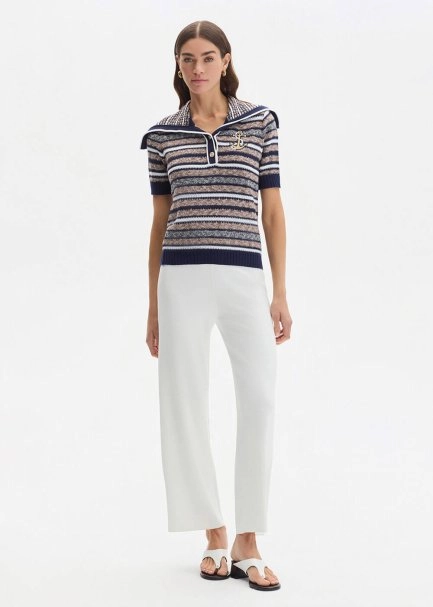 WHITE RIBBED DETAILED KNIT PANTS - 1