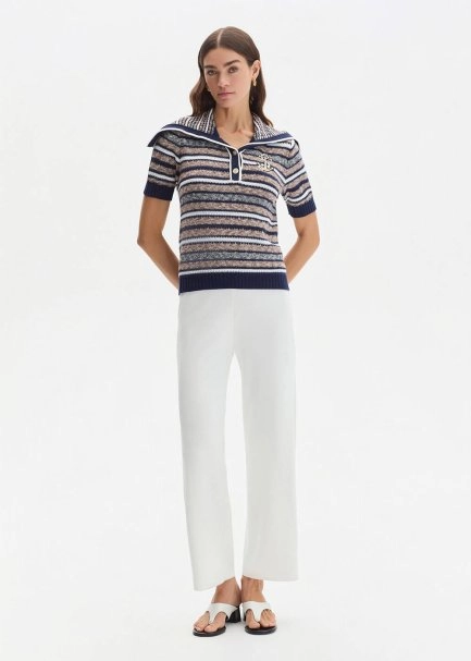 WHITE RIBBED DETAILED KNIT PANTS - 2