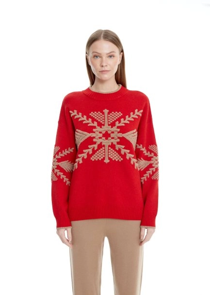 Winter Pattern Red Extrafine Merino Knit Sweater - 1