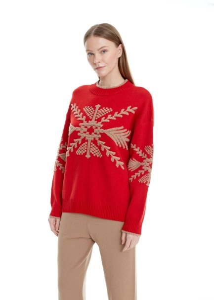 Winter Pattern Red Extrafine Merino Knit Sweater - 3