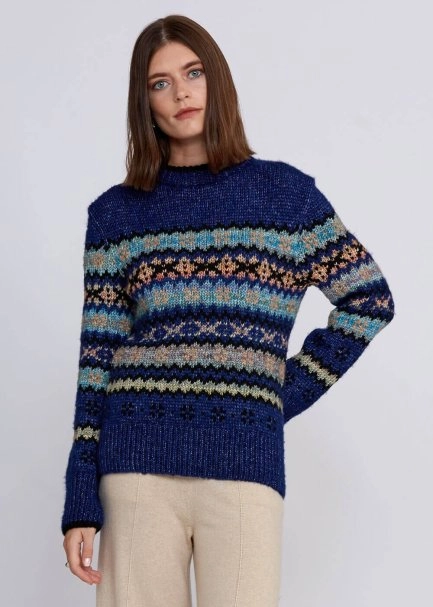 Winter Patterned Blue Knit Sweater - 1