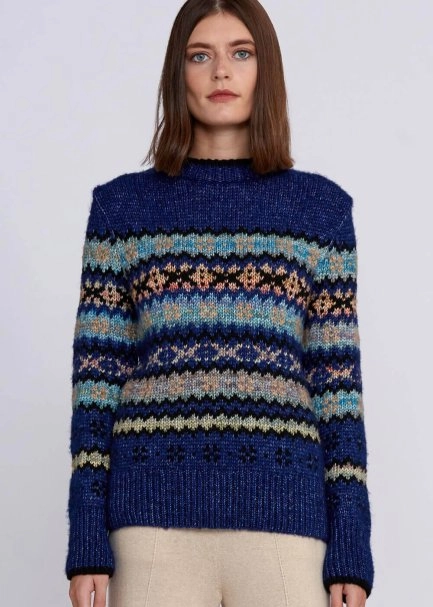 Winter Patterned Blue Knit Sweater - 7