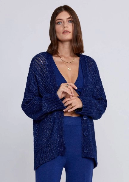 Wool Blend Stitch Detailed Navy Knit Cardigan - 1