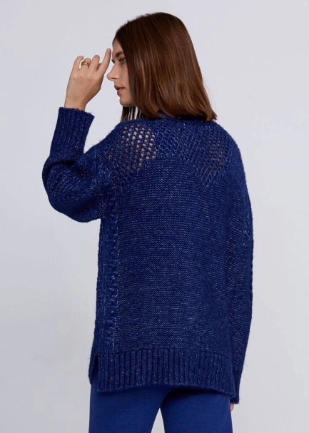 Wool Blend Stitch Detailed Navy Knit Cardigan - 3