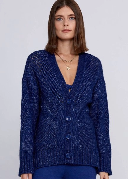Wool Blend Stitch Detailed Navy Knit Cardigan - 7