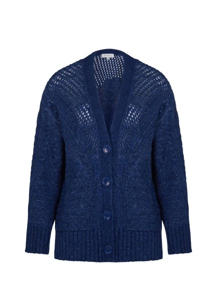 Wool Blend Stitch Detailed Navy Knit Cardigan - 8