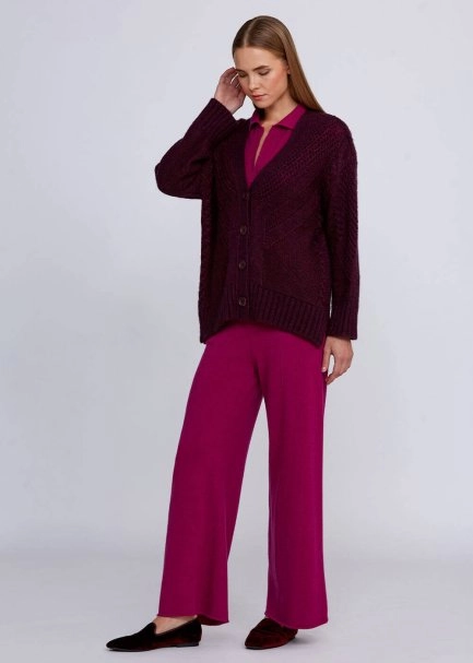 Wool Blend Stitch Detailed Wine Knit Cardigan - 2