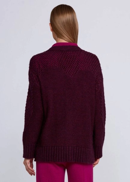 Wool Blend Stitch Detailed Wine Knit Cardigan - 3