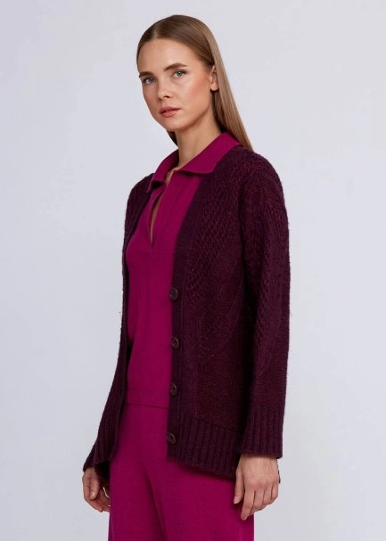 Wool Blend Stitch Detailed Wine Knit Cardigan - 4