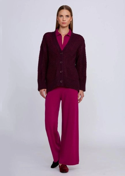 Wool Blend Stitch Detailed Wine Knit Cardigan - 5