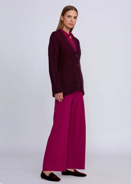 Wool Blend Stitch Detailed Wine Knit Cardigan - 6