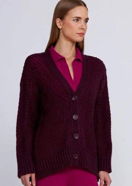 Wool Blend Stitch Detailed Wine Knit Cardigan - 7