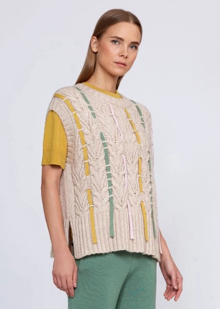 Wool Blend String Detailed Cream Knit Vest - 4