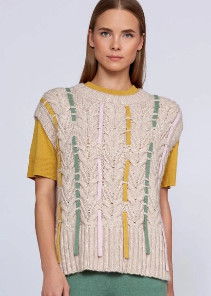 Wool Blend String Detailed Cream Knit Vest - 6