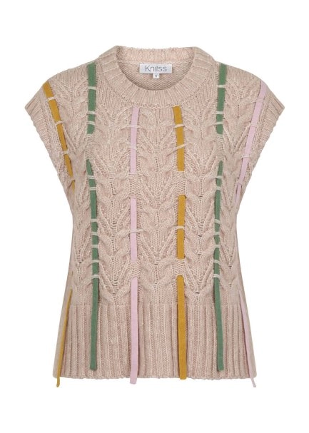 Wool Blend String Detailed Cream Knit Vest - 8