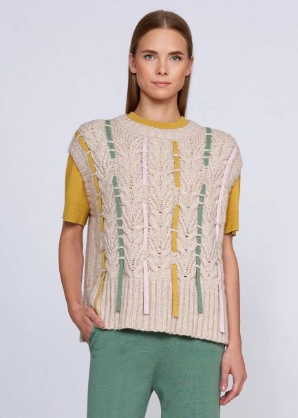 Wool Blend String Detailed Cream Knit Vest - 5