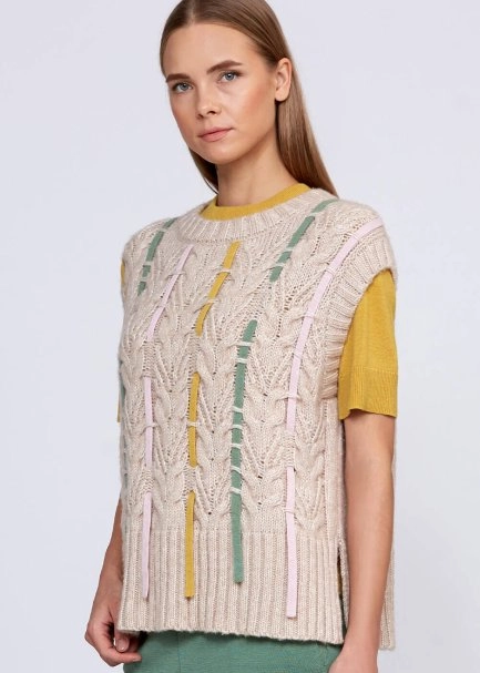 Wool Blend String Detailed Cream Knit Vest - 7