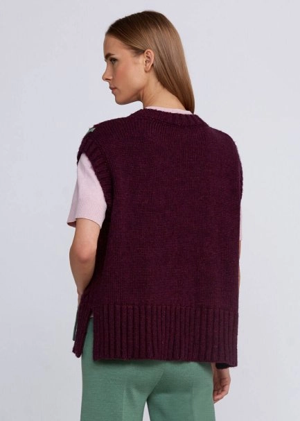 Wool Blend String Detailed Wine Knit Vest - 3