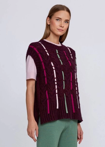 Wool Blend String Detailed Wine Knit Vest - 4