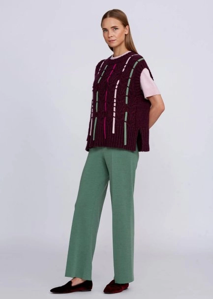 Wool Blend String Detailed Wine Knit Vest - 5