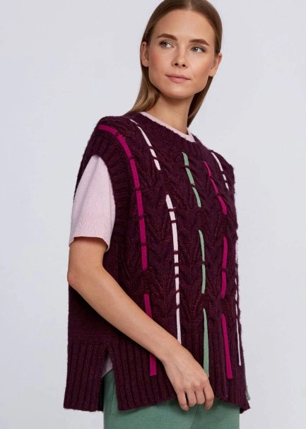 Wool Blend String Detailed Wine Knit Vest - 7