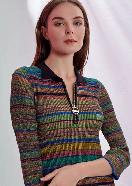 Çizgi Desenli Polo Yaka Triko Elbise - 5